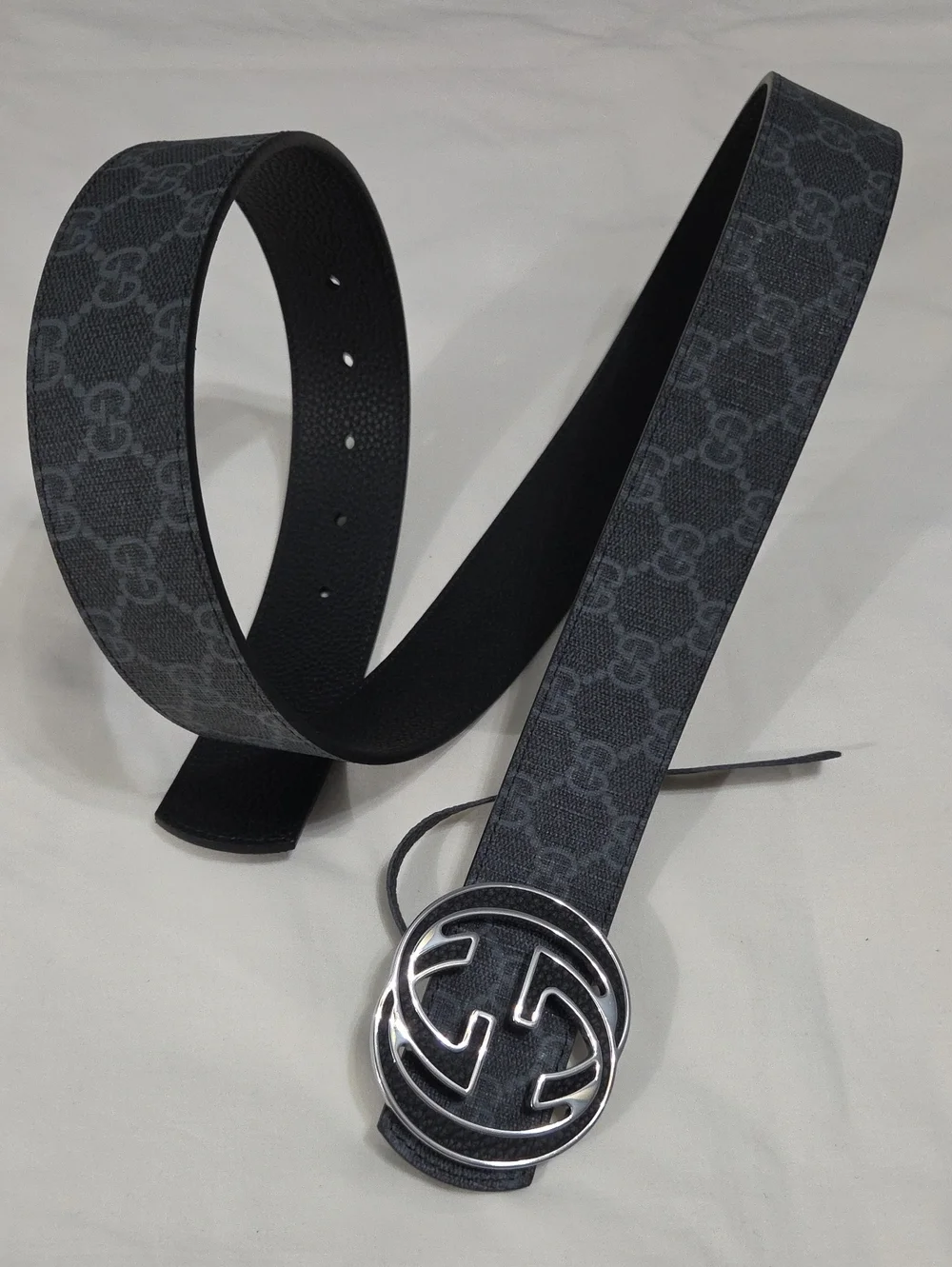 Gucci Black Leather Monogram Belt Silver Double GG Buckle